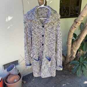 Womens Caslon Long Heathered gray Collared Sweater Pockets Blk Buttons Sz Large